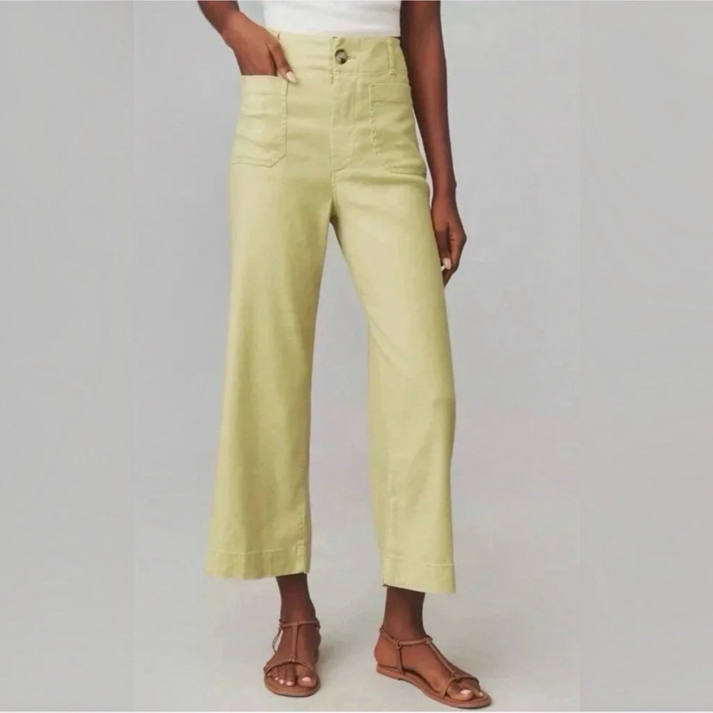 Anthropologie‎ Maeve Colette Wide Leg Cropped Pants Linen Blend Green Sz 23